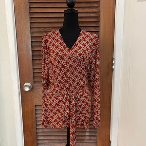 CAbi Red and White Patterned Wrap Blouse